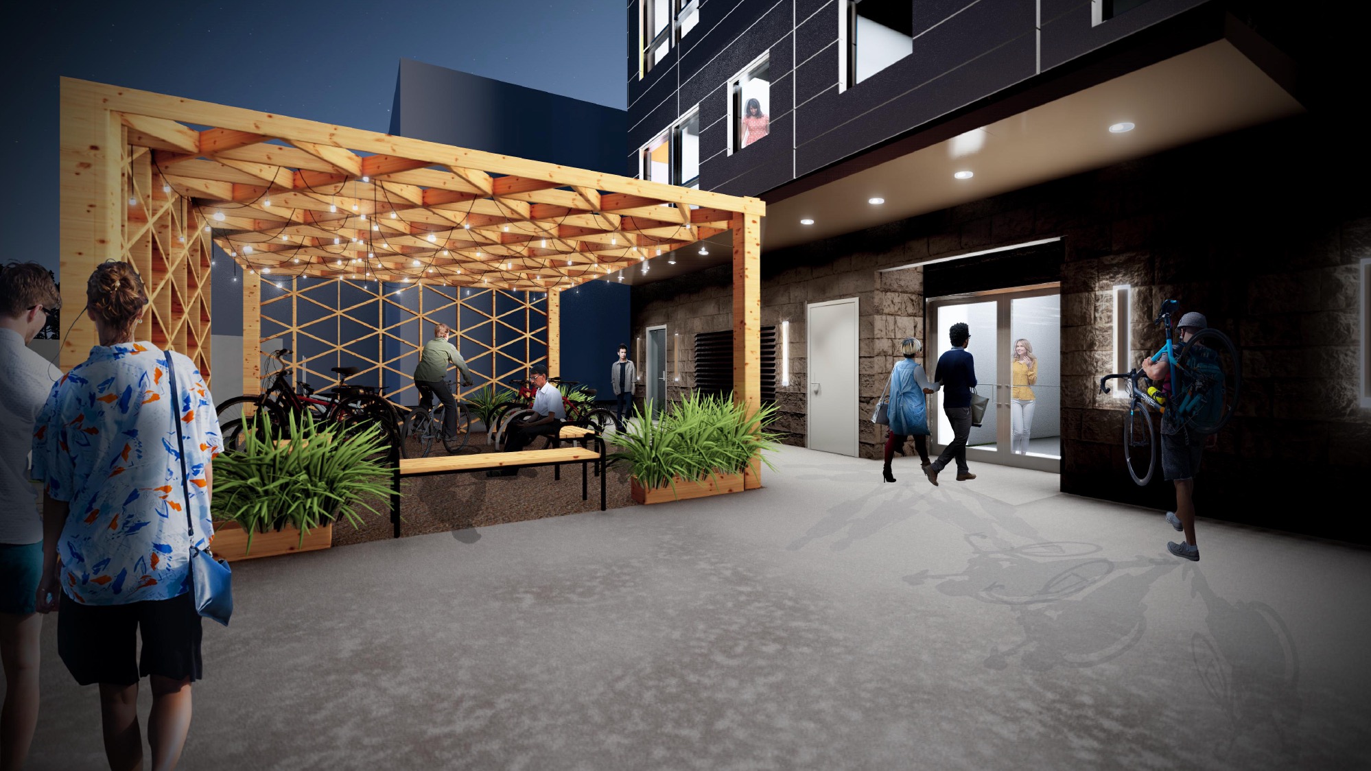 A rendering of the Nest building's street-level exterior