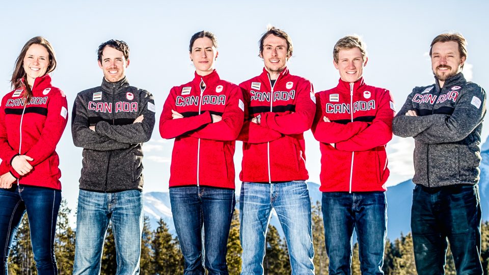 Rosanna Crawford, third from left, and Brendan Green, fourth from left, are pictured in a detail from a photo of Pyeongchang 2018 Team Canada biathletes