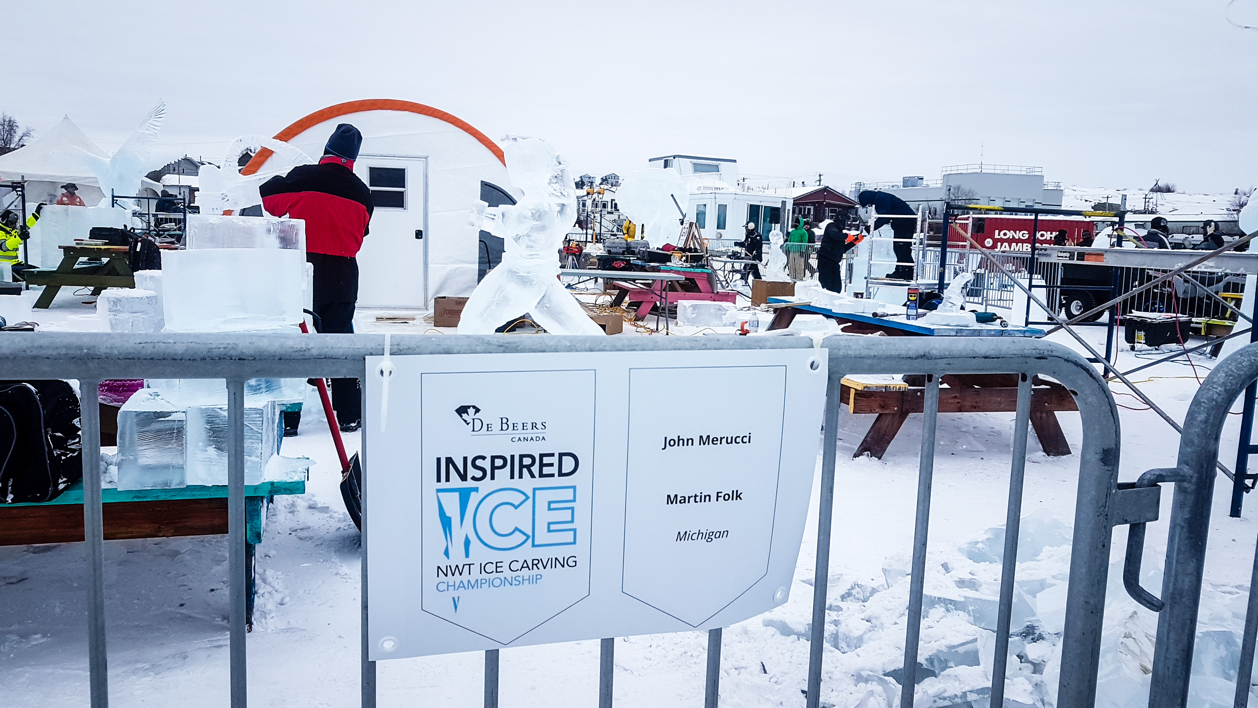 Ice carvers at the 2018 Inspired Ice contest on Yellowknife Bay