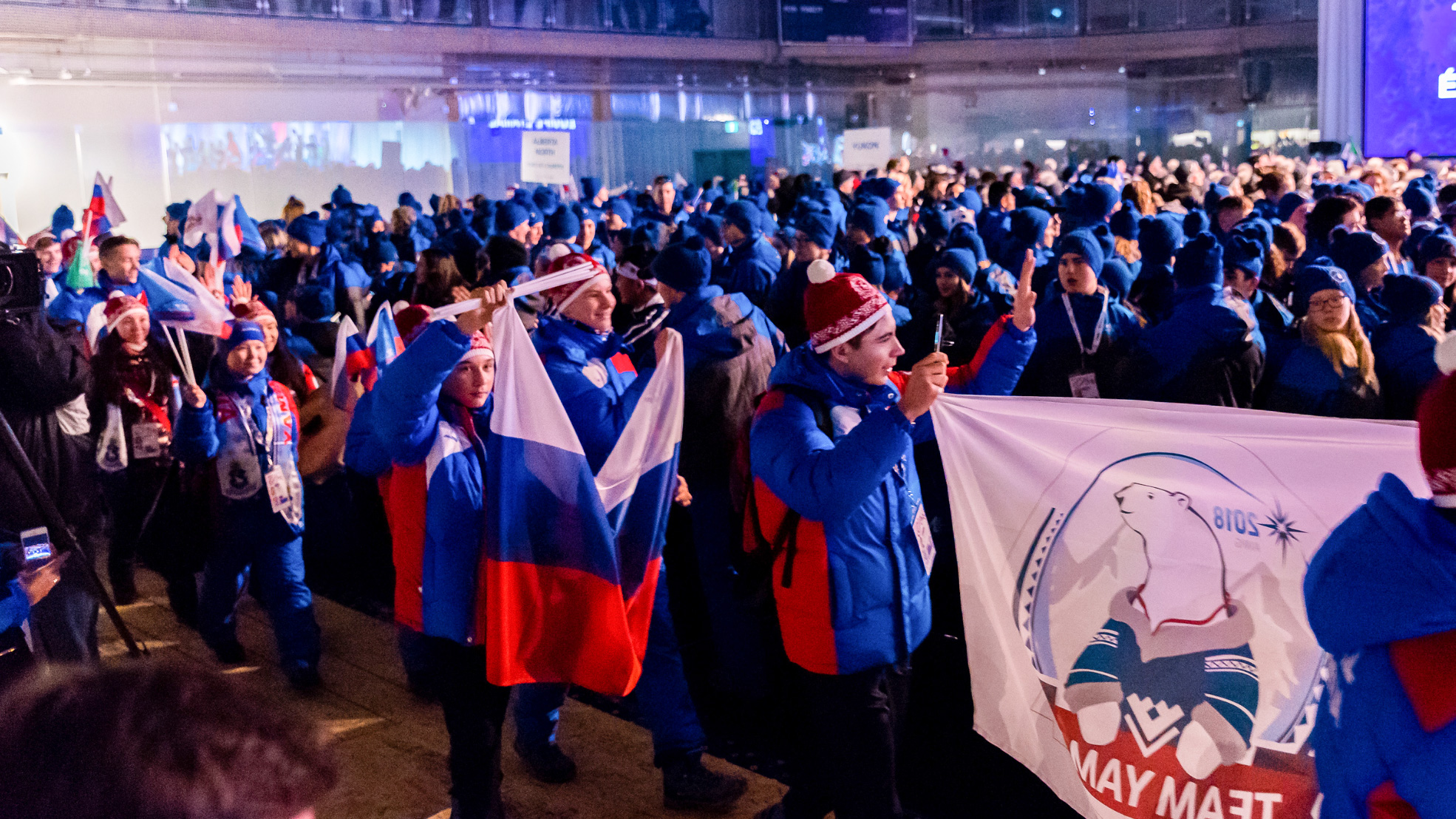 Yamal athletes march in at the 2018 Arctic Winter Games opening ceremony in Hay River - AWG2018-Brian Collins