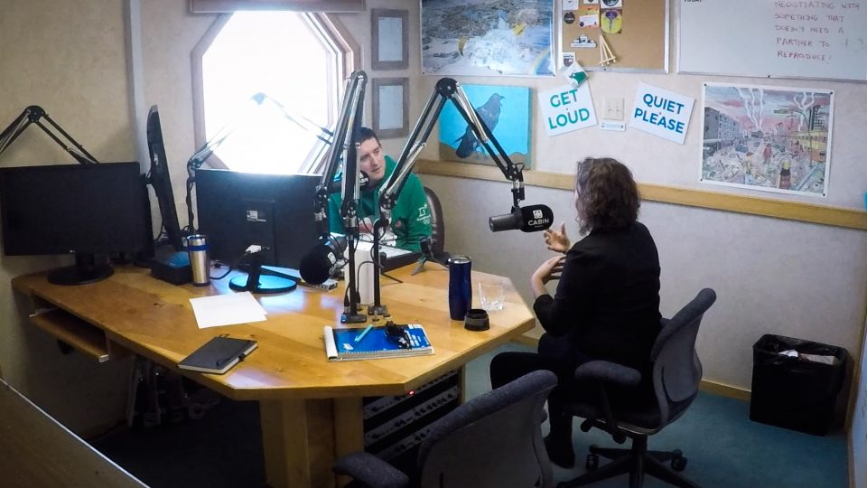 Cabin Radio's Ollie Williams interviews Rebecca Alty in April 2018