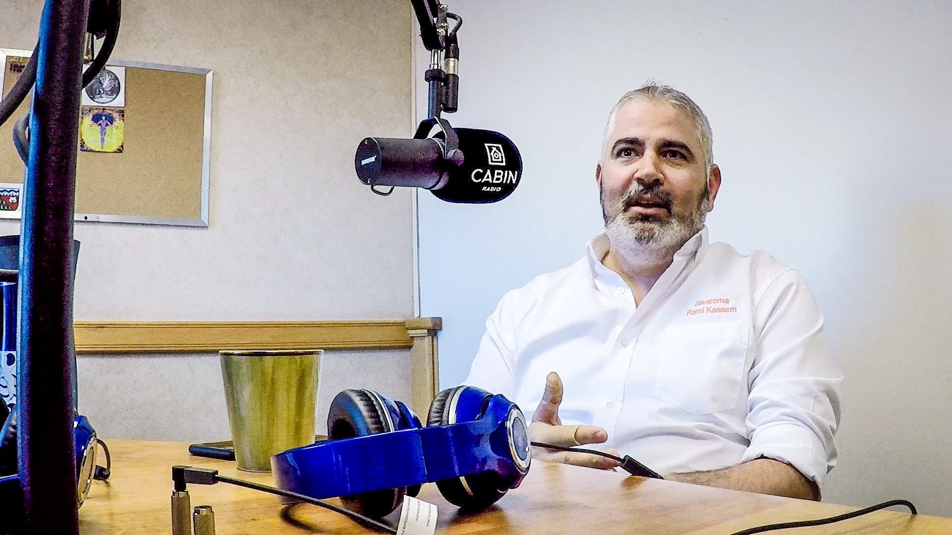 Rami Kassem, owner of Javaroma, in the Cabin Radio studio