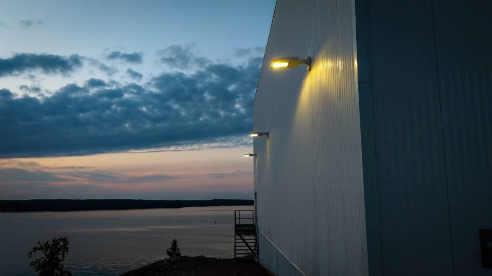 Security lights on the School Draw Avenue side of Yellowknife's water treatment plant