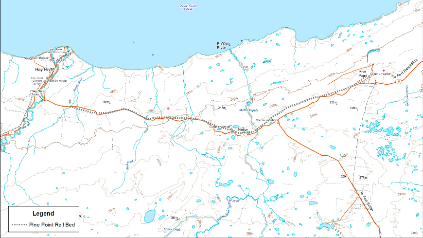 A map showing the path of the railbed at the former Pine Point Mine in the Northwest Territories. Crown-Indigenous Relations and Northern Affairs Canada.