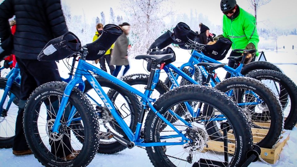 Fat bikes on display at Yellowknife's Somba K'e Civic Plaza on World Snow Day in 2017