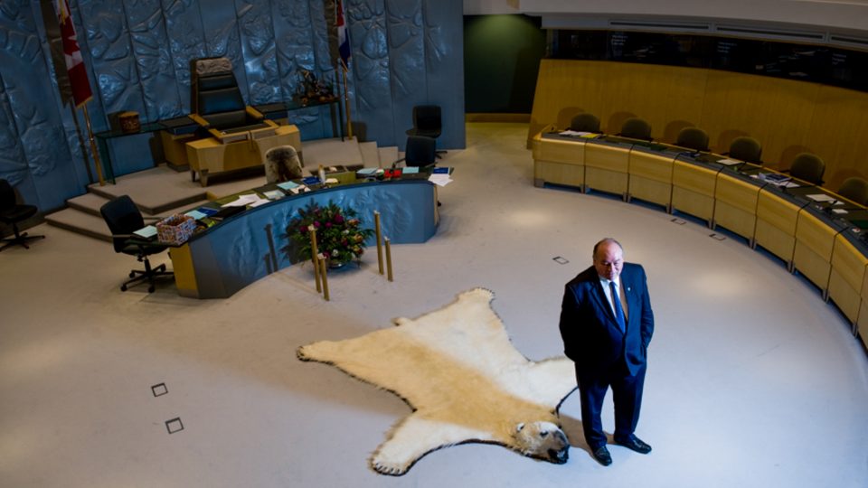 Premier Bob McLeod stands in the main chamber of the NWT's legislature