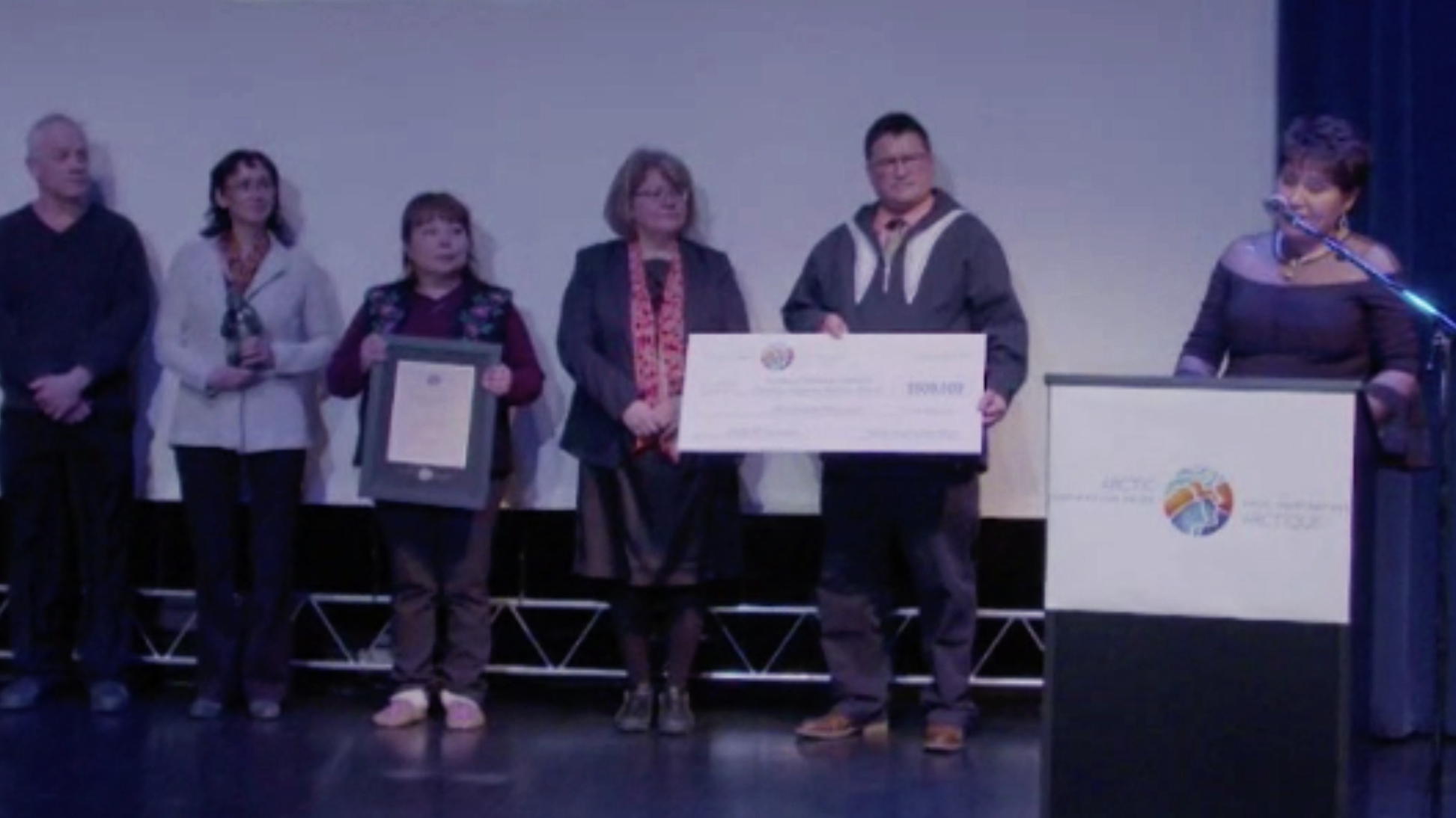 Verna Pope accepts a $500,000 Arctic Inspiration Prize on behalf of her team. Arctic Inspiration Prize livestream/Facebook