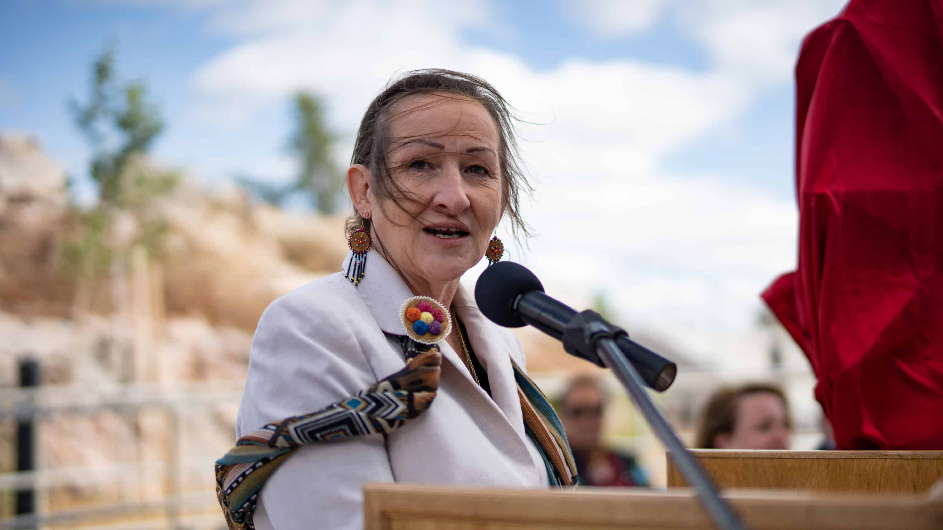 Minister Caroline Cochrane speaks at the opening of the Stanton Territorial Hospital in July 2019. Sarah Pruys/Cabin Radio