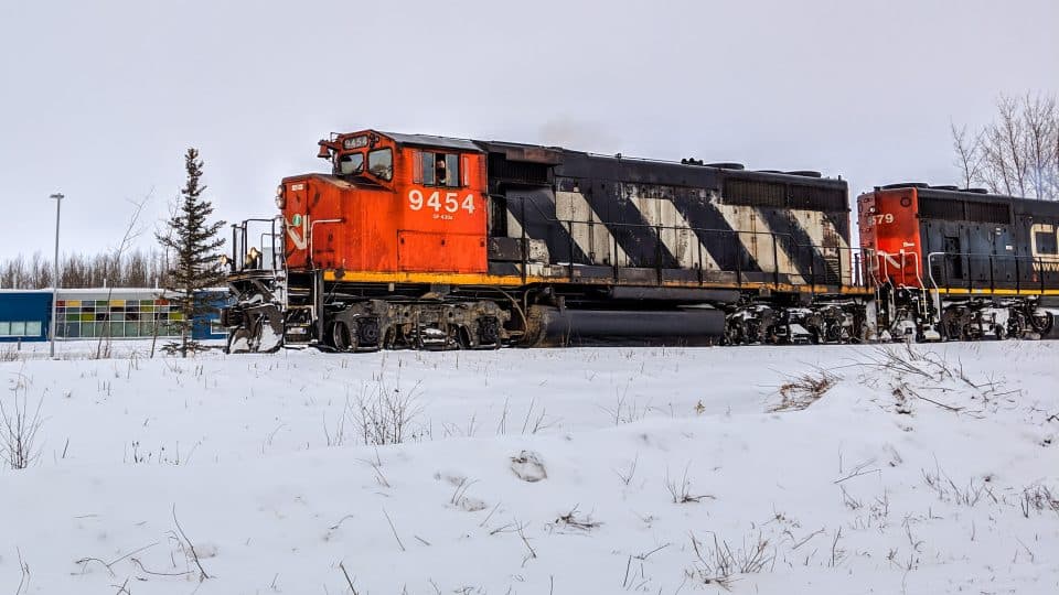 A CN Rail train leaves Hay River in January 2019