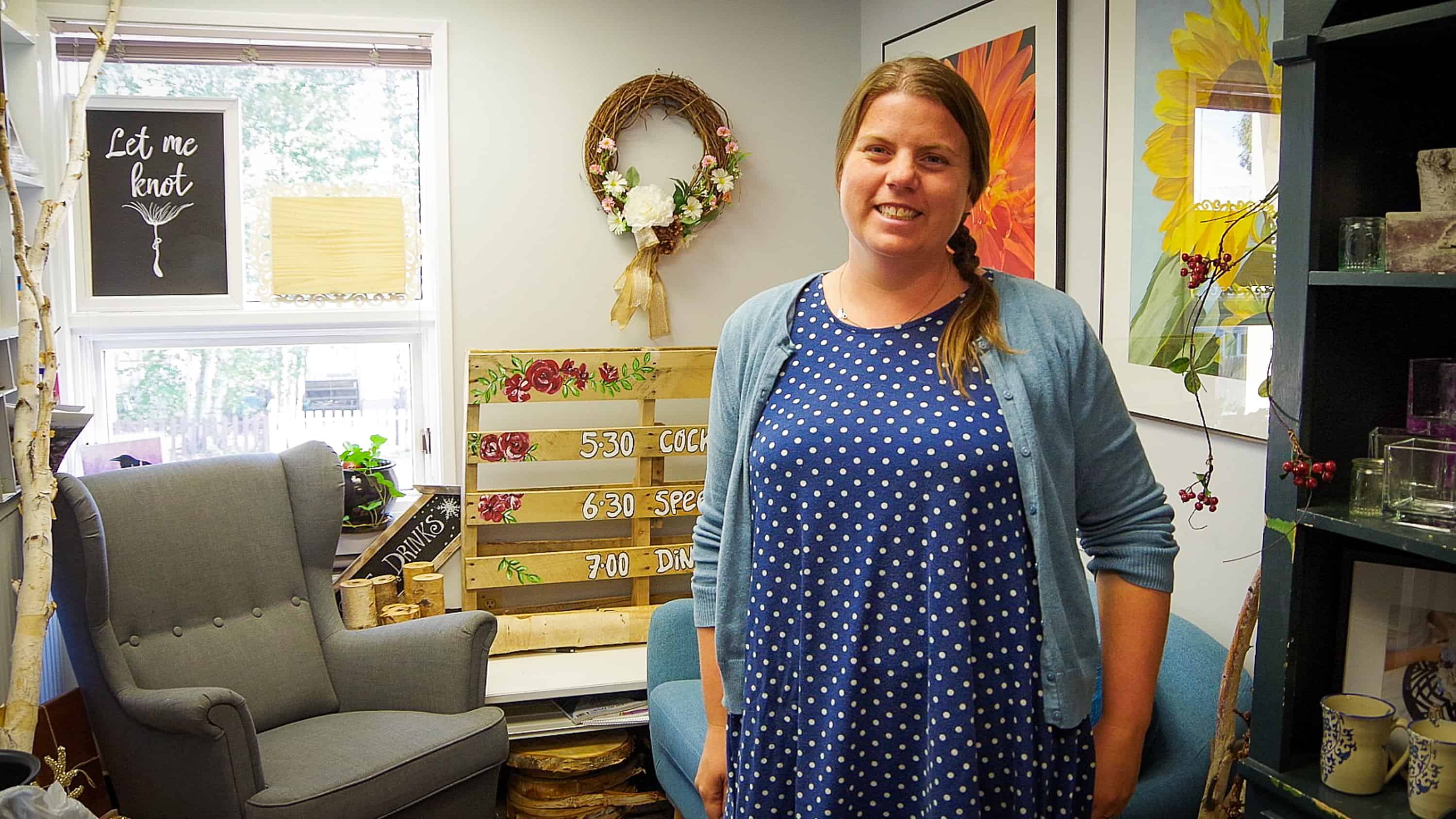 Sarah Kalnay-Watson, a Win Your Space winner in 2017, inside her Let Me Knot flower shop in August 2019