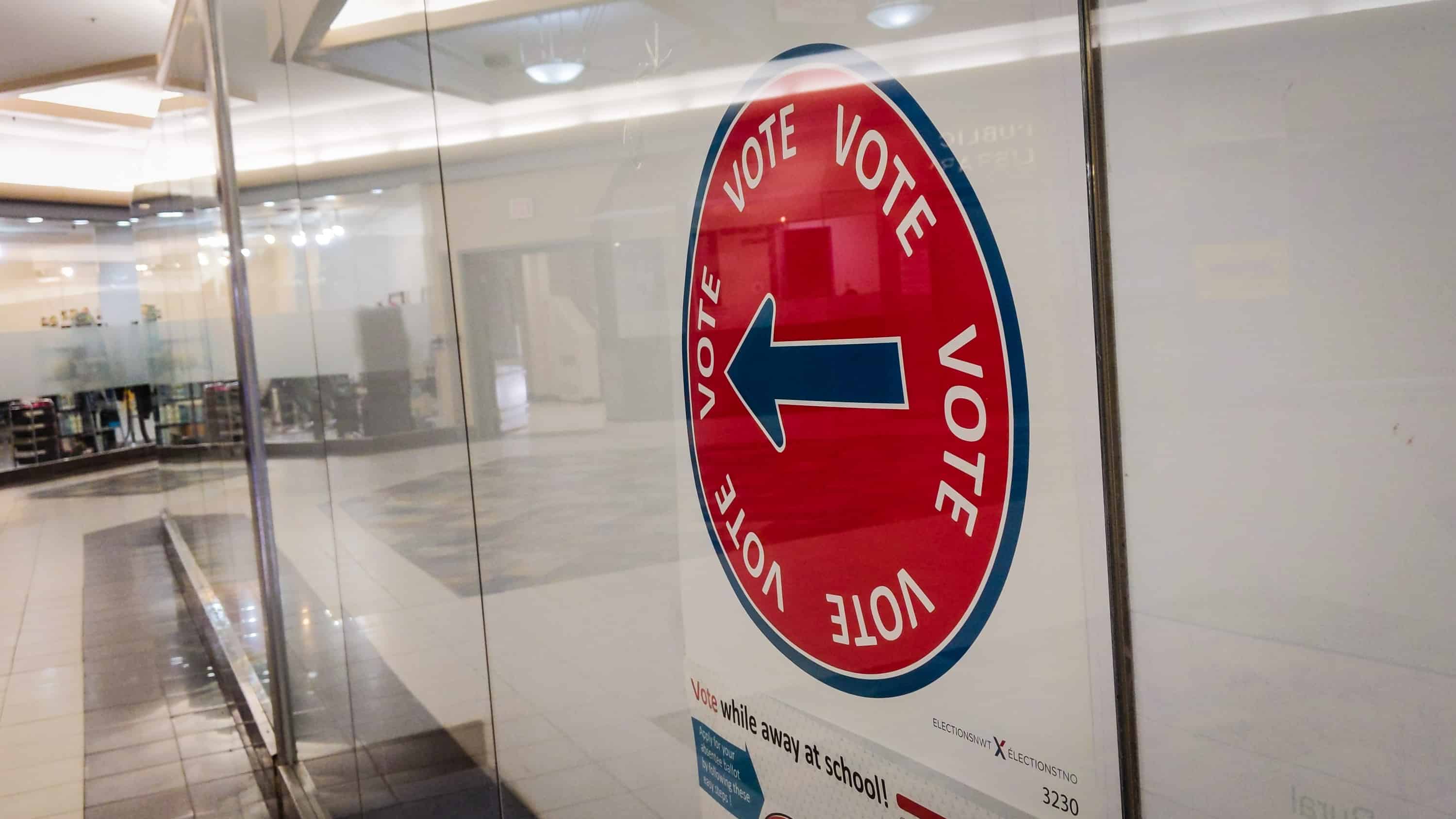 A poster inside Yellowknife's Centre Square Mall points voters toward the office of the returning officer for Yellowknife Centre