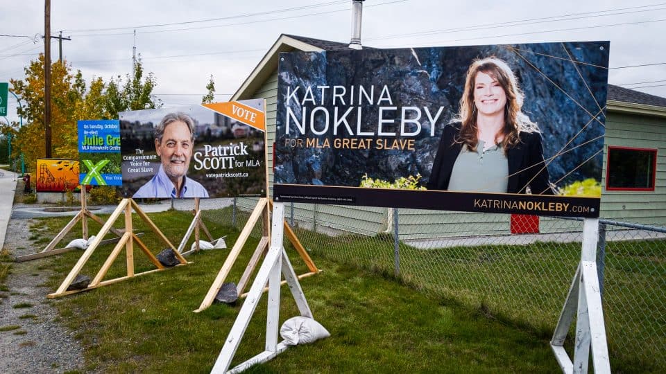 Candidates' election signs outside Sir John Franklin High School in Yellowknife on September 6, 2019