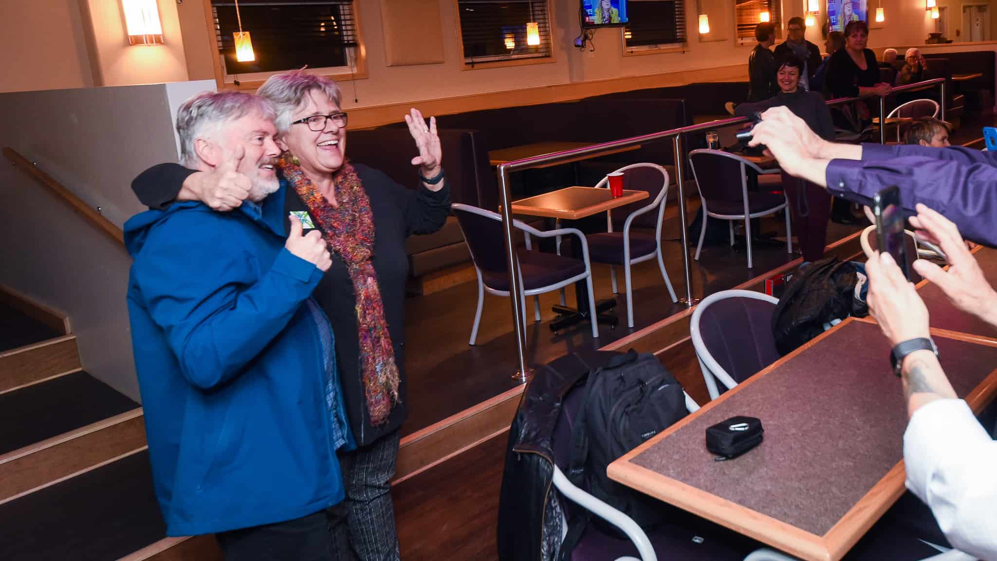Kevin O'Reilly celebrates with Julie Green on election night in October 2019