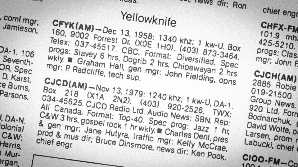 A page from a 1982 broadcasting yearbook shows entries for CFYK (CBC North) and CJCD in Yellowknife