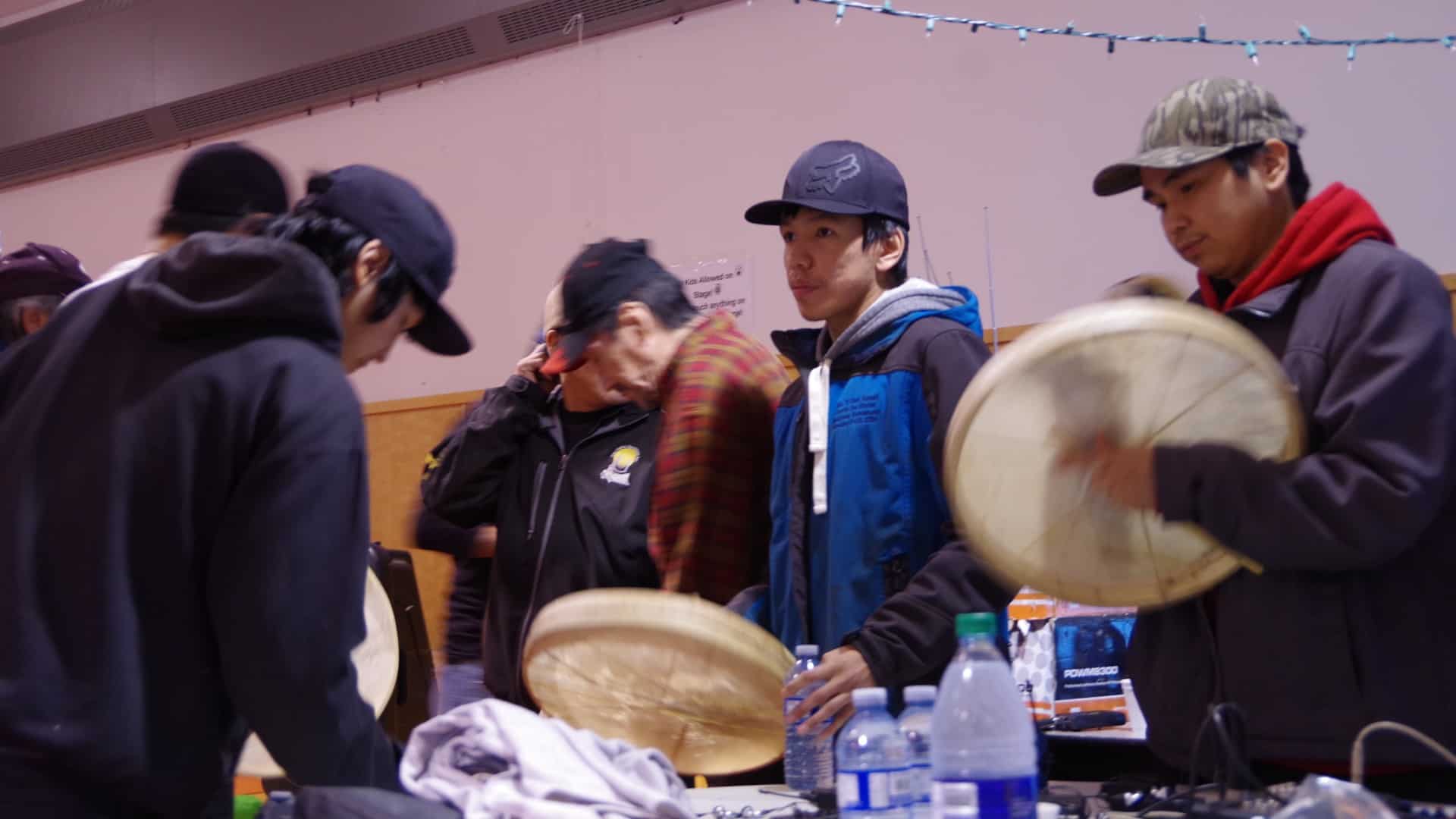 The Fort Good Hope drummers prepare to begin celebrations for the Ts’udé Nilįné Tuyeta protected area