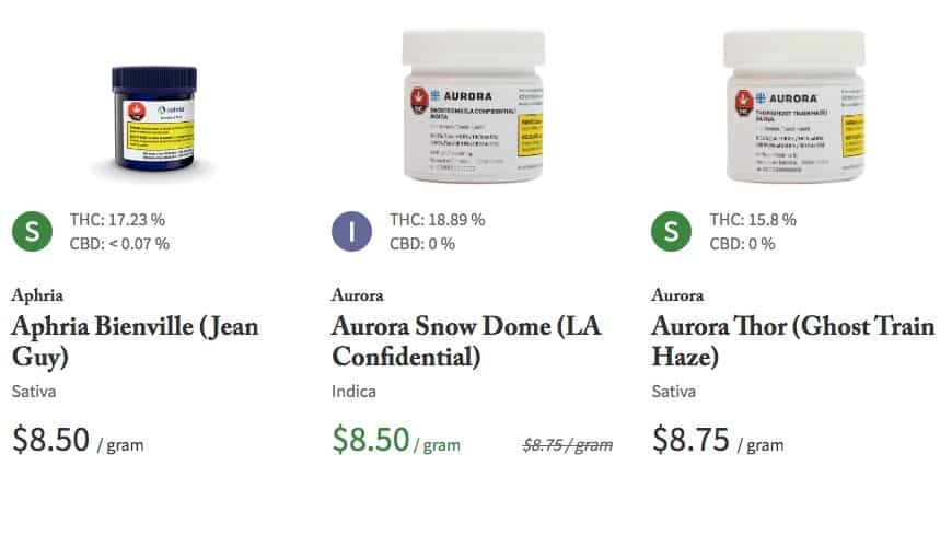 A screenshot of some of the products on Shoppers' medical cannabis website, now open to customers in the NWT