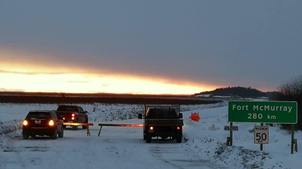 A photo of the checkpoint set up on the winter road to Fort Chipewyan. Photo: Mikisew Cree First Nation Facebook page