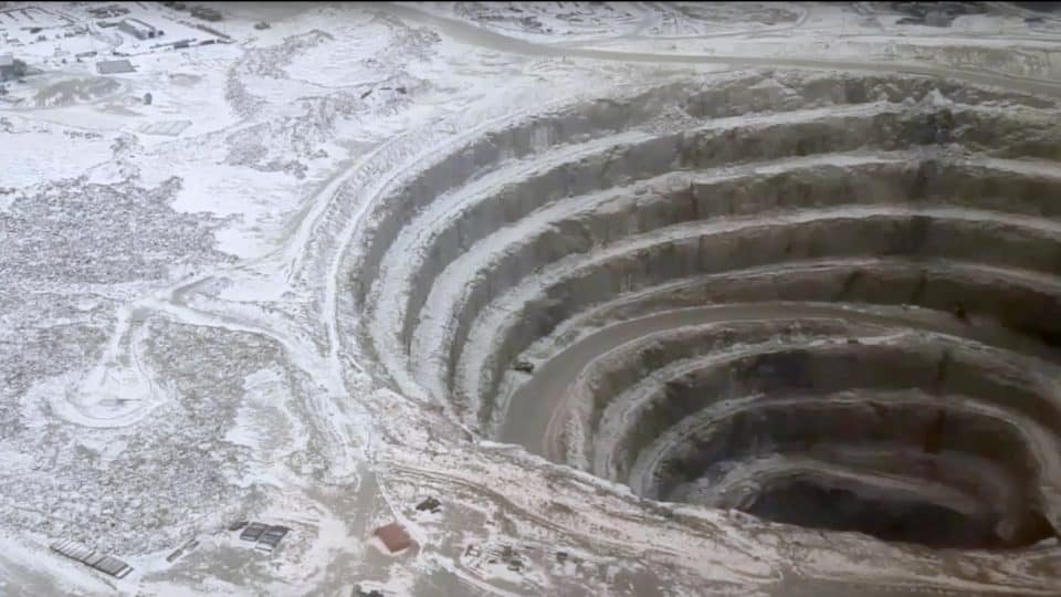 An open pit at the Diavik diamond mine