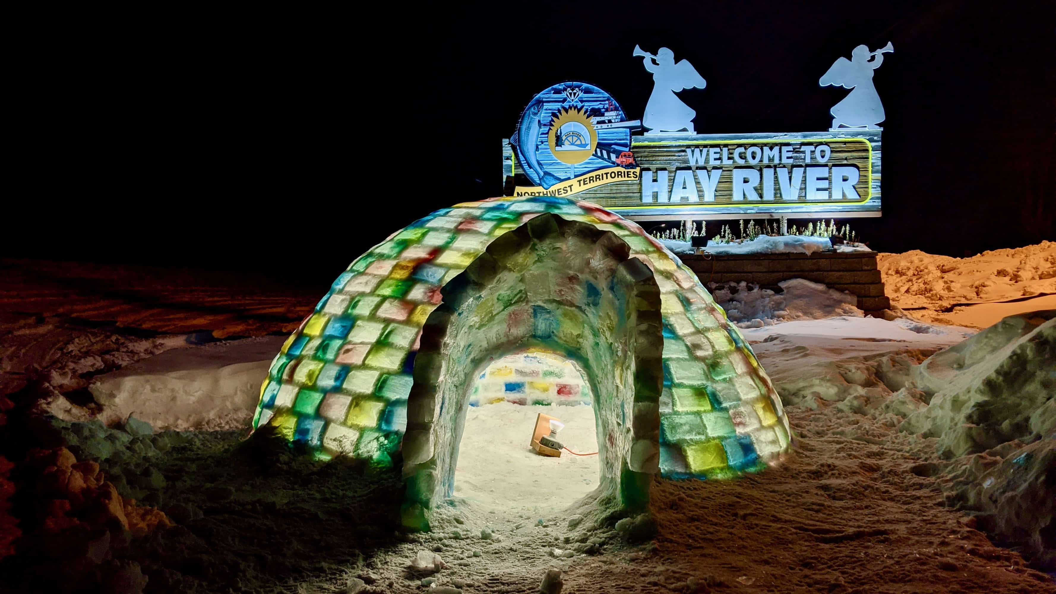 An igloo at the entrance to Hay River in February 2020