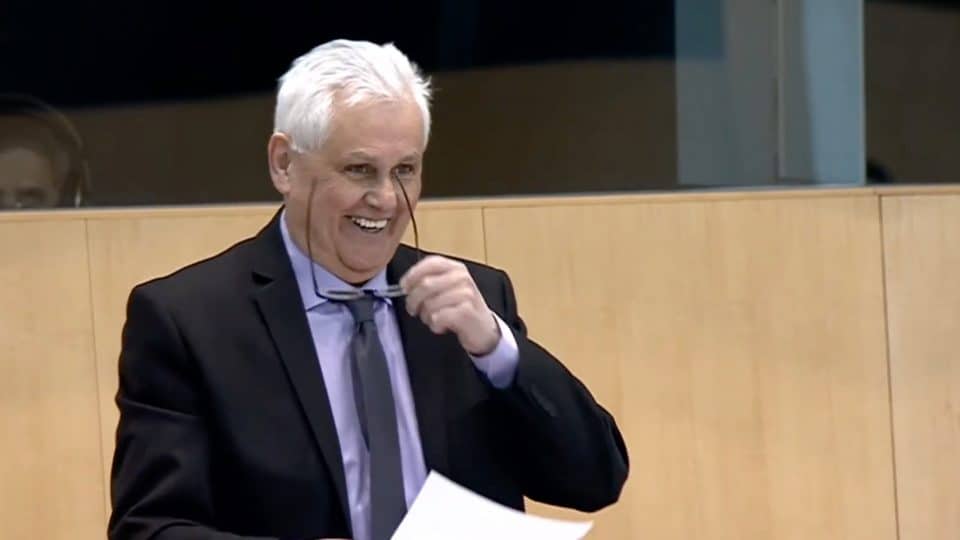 Rocky Simpson smiles at his son, employment minister RJ Simpson, at the NWT legislature on March 3, 2020