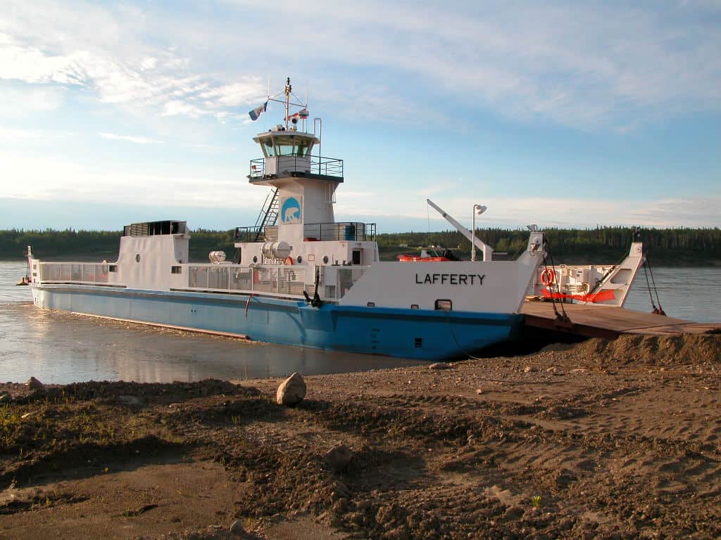 The MV Lafferty at the Liard River crossing. Photo: GNWTThe MV Lafferty at the Fort Simposn river crossing