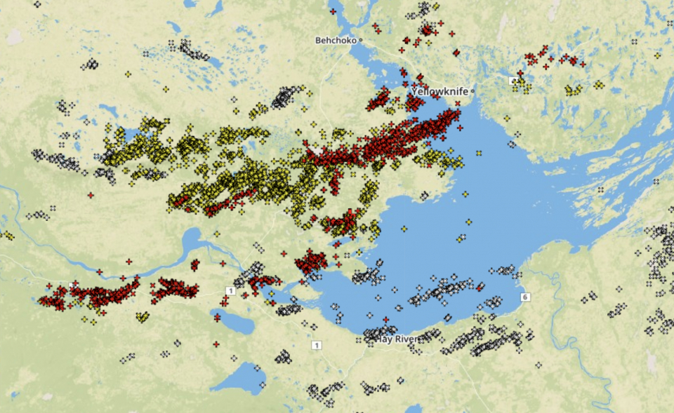 Lightning strikes across the North Slave as of 6pm on June 24, 2020. Red dots indicate strikes in the past three hours, and yellow dots indicate strikes three to six hours old.