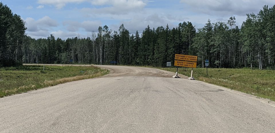 A closure sign by the side of Highway 7 in July 2020