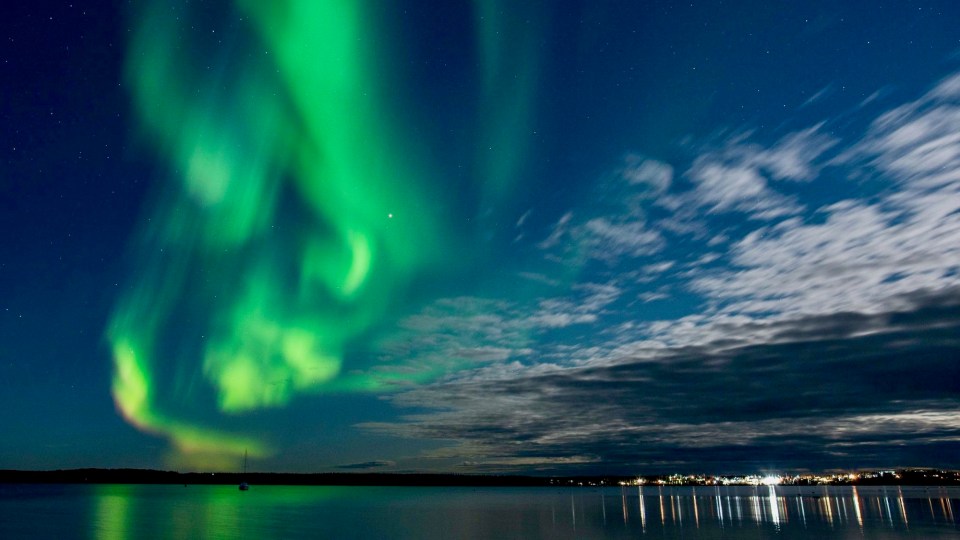 The Northern Lights over Yellowknife are seen from the Giant Mine boat dock on September 28, 2020