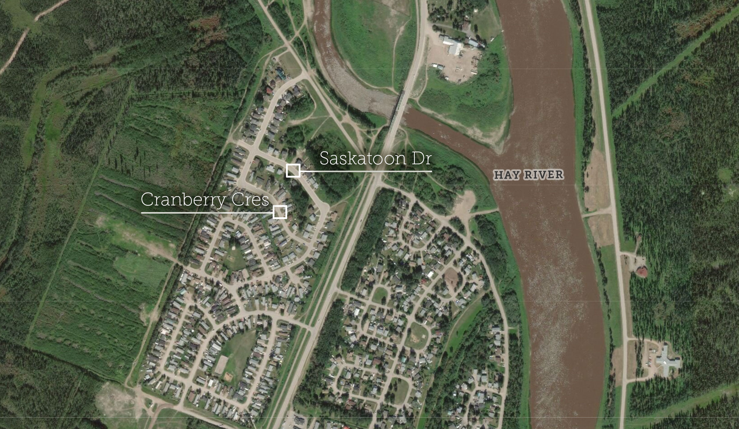 A map of Hay River shows Saskatoon Drive and Cranberry Crescent