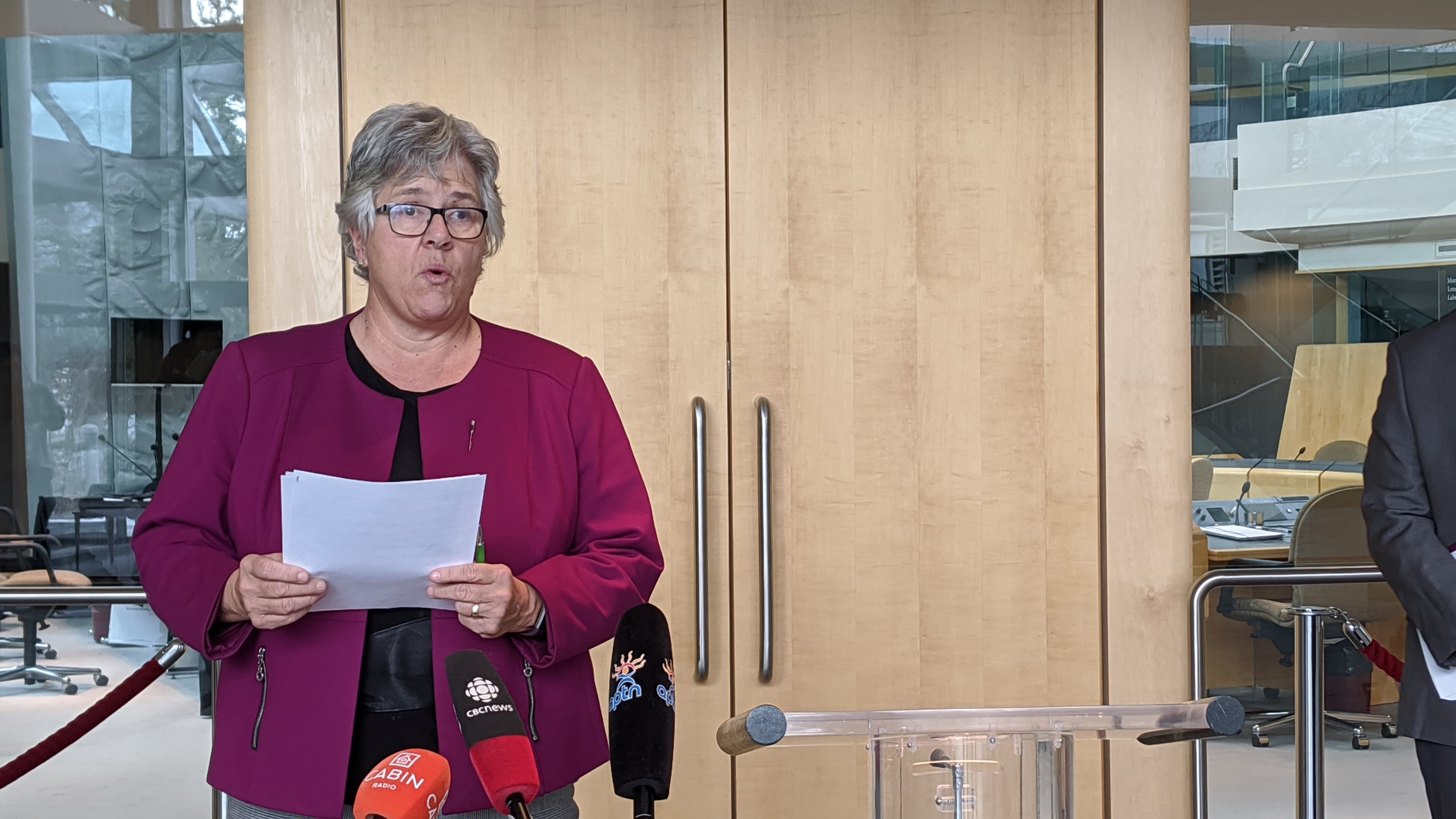 Health minister Julie Green speaks at a press conference announcing details of the presumptive positive cases on Friday, October 16. Sarah Pruys/Cabin Radio