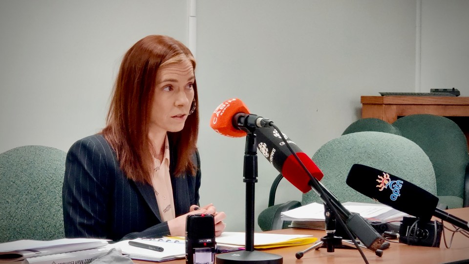 Finance minister Caroline Wawzonek addresses reporters on February 4, 2021