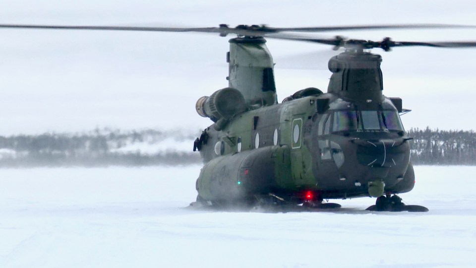 A Chinook helicopter during an Operation Nanook military training exercise in March 2021