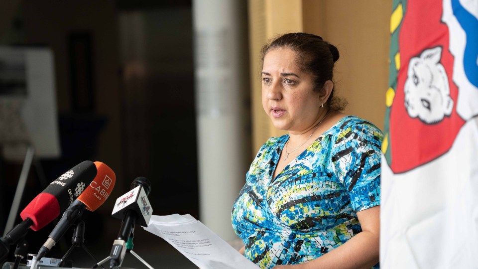 Dr Kami Kandola speaks at a press conference on April 21, 2021. Sarah Pruys/Cabin Radio