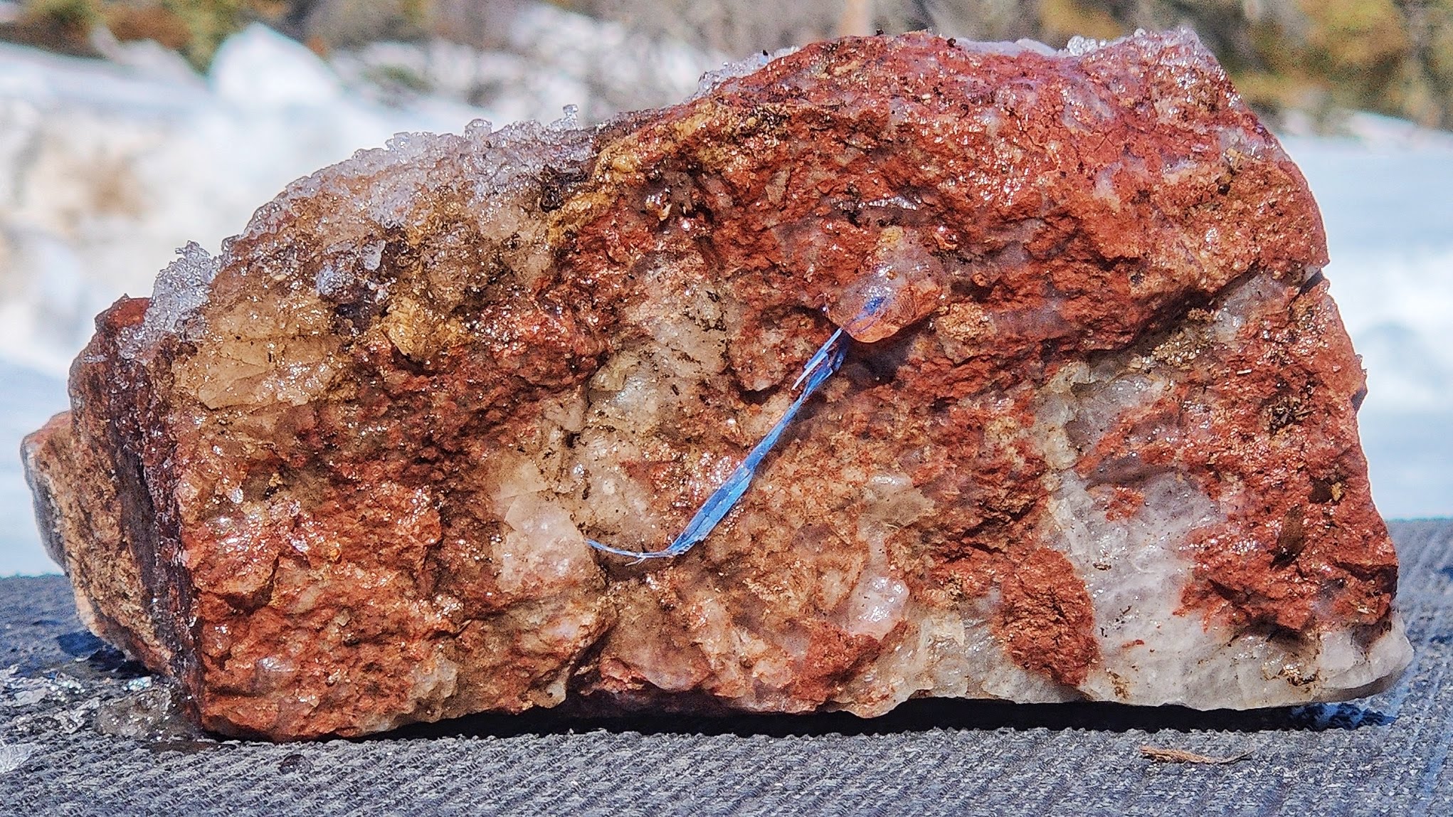 The red parts of this rock are bastnaesite, containing rare earth elements