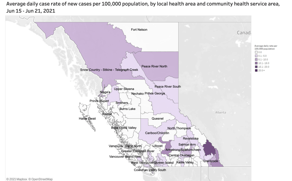 The average daily case rate in Birtish Columbia per 100,000 people between June 15 and June 21, 2021. Map: British Columbia Centre for Disease Control