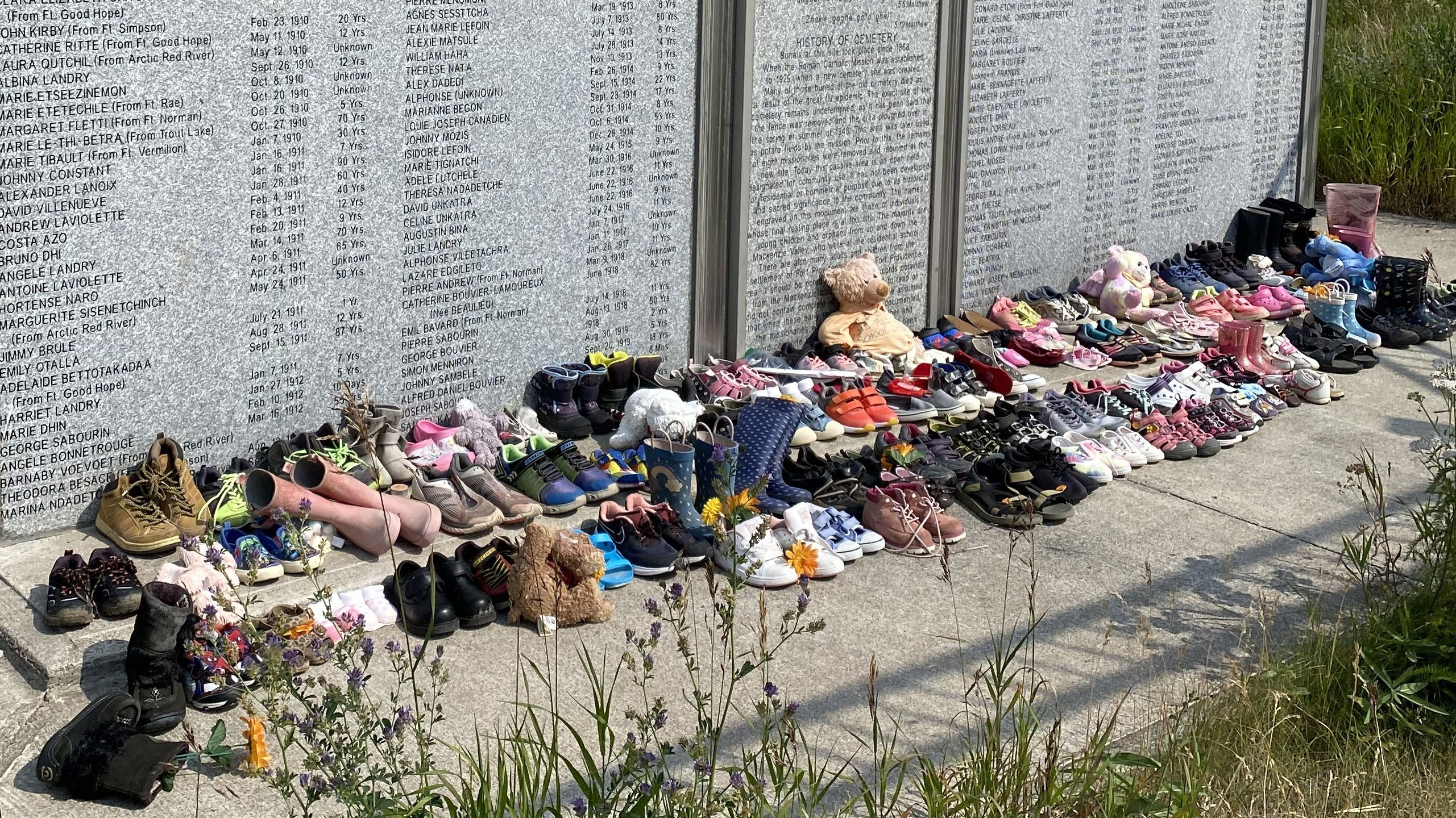 A memorial erected in Fort Providence to remember the 298 people buried in an unmarked cemetery, including 161 children who attended the local residential school