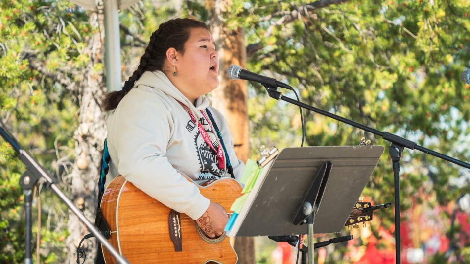 Trenyce Voudrach performing at the Aurora stage at Folk on the Rocks 2021. Sarah Pruys/ Cabin Radio.