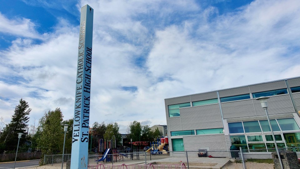 A sign for Yellowknife Catholic Schools and St Pat's high school