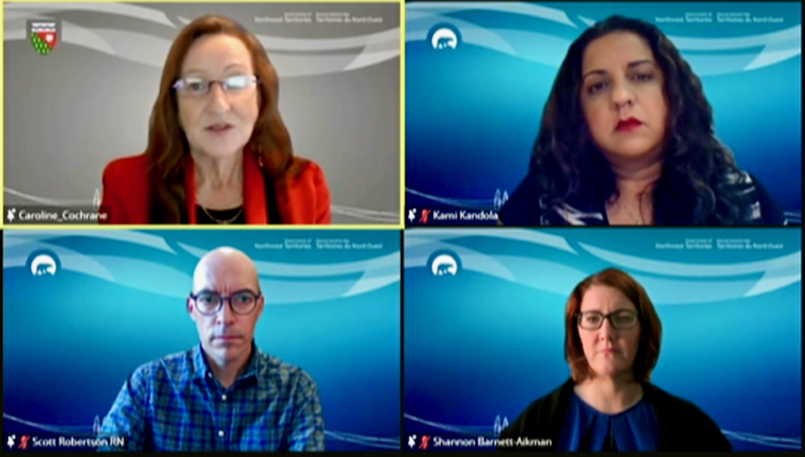 Premier Caroline Cochrane, top left, addresses the public at a Covid-19 briefing