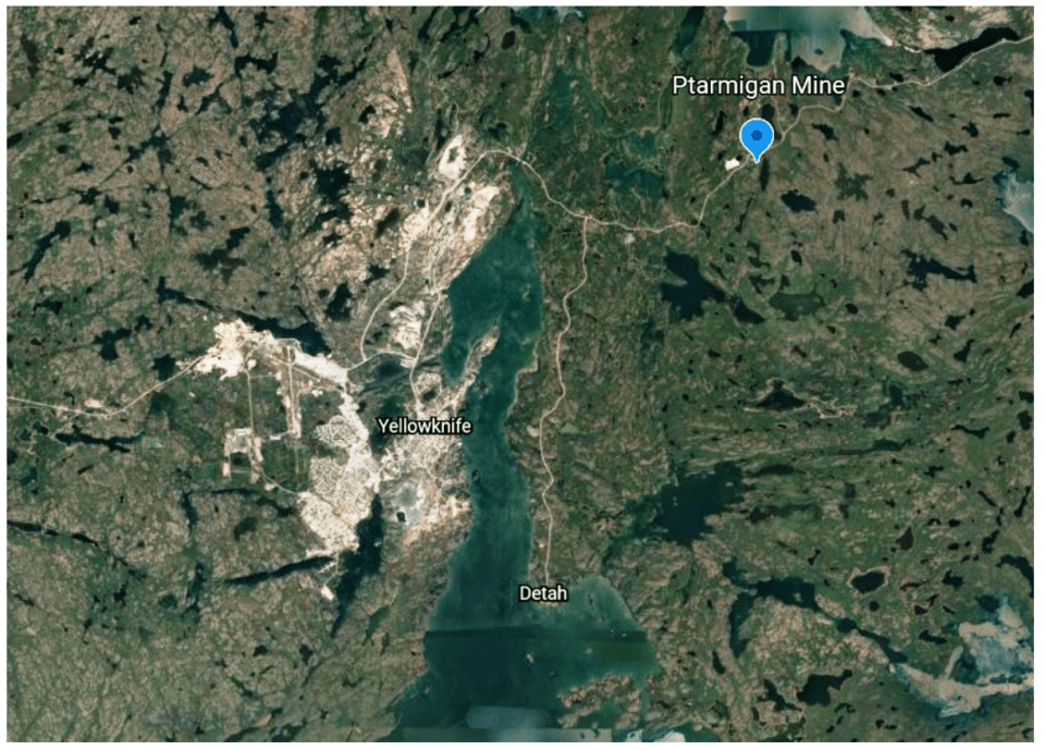 The Ptarmigan mine's location, northeast of Yellowknife
