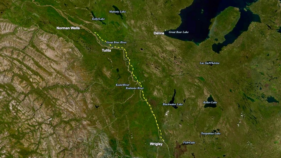 The proposed route of the Mackenzie Valley Highway as seen on a GNWT map in April 2022
