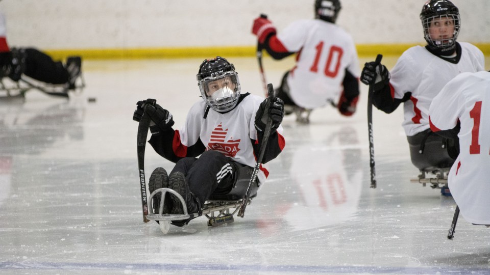 Yellowknife teenager Riley Oldford joins in a Canadian para hockey training session