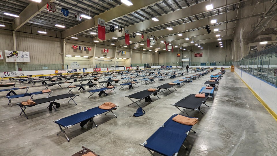 Cots for evacuees at Yellowknife's multiplex