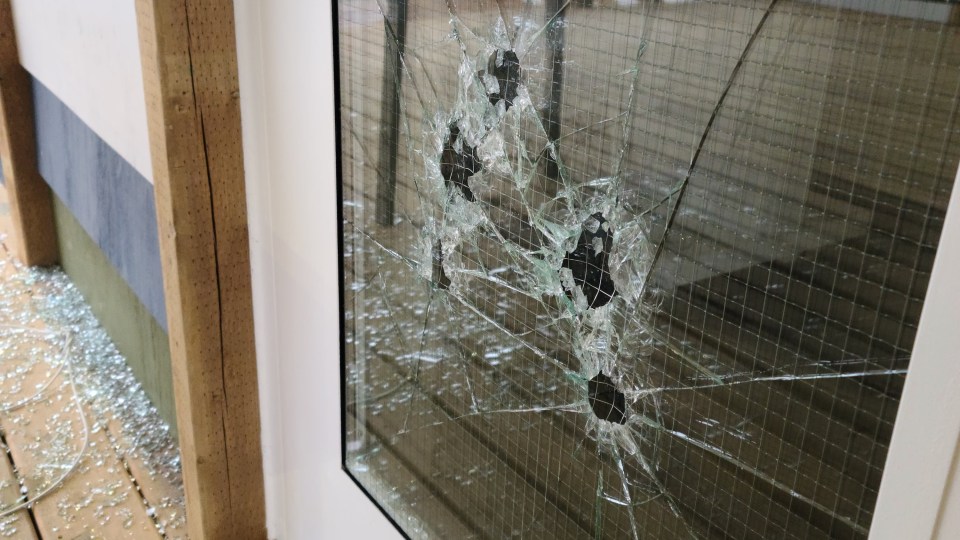 Damage to a door at Inuvik's welcome centre