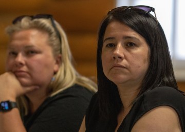 Lesa Semmler, right, and Caitlin Cleveland at a meeting about housing and homelessness in Inuvik