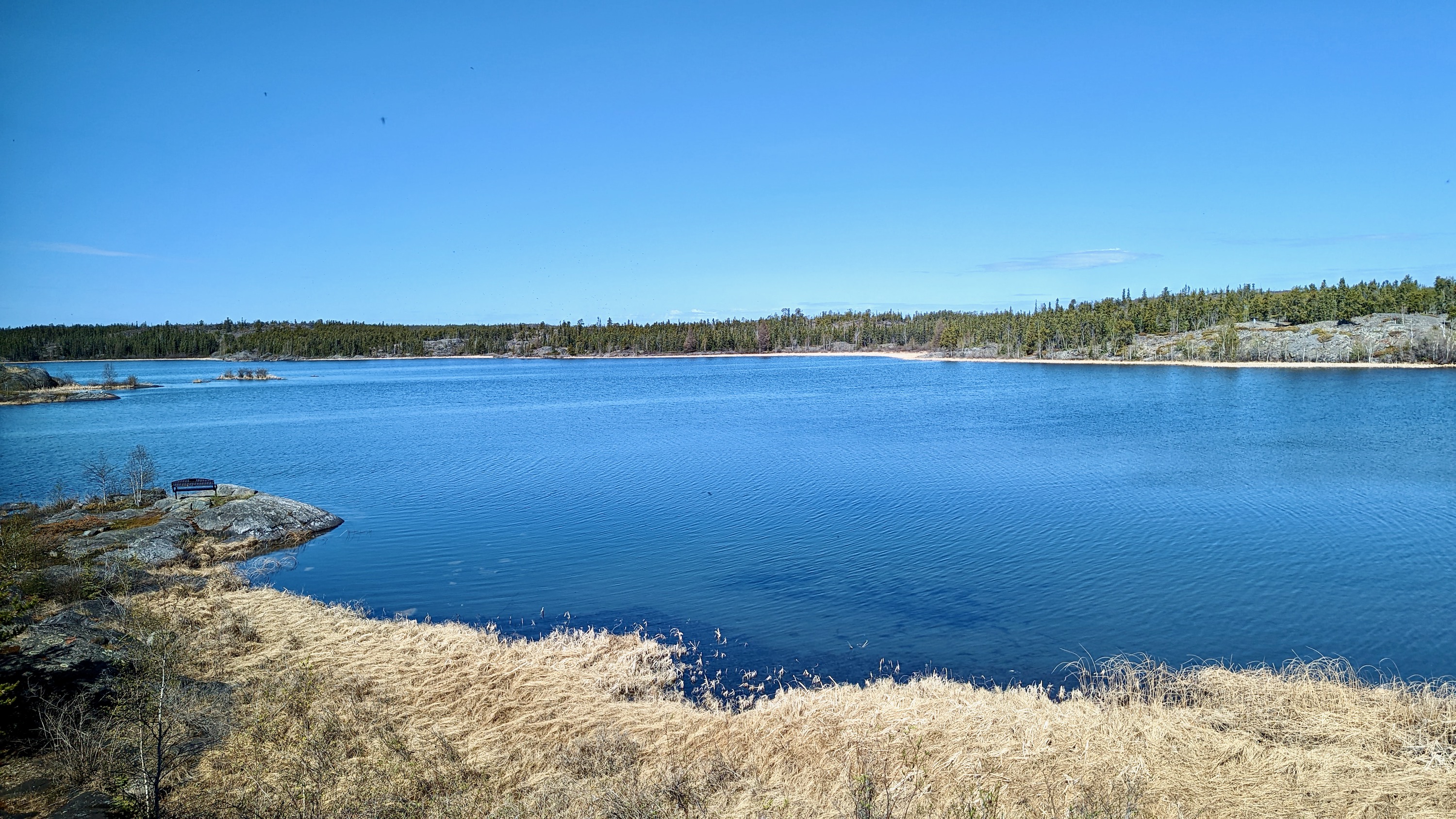 Yellowknife's Frame Lake is seen from the Premier of the Northwest Territories' lounge window at the territorial legislature in May 2022