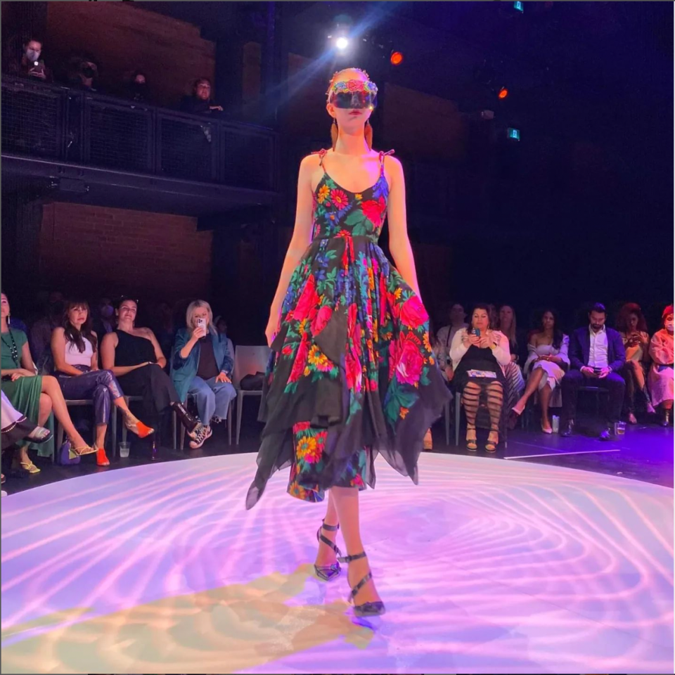 Robyn Mcleod's designs on the 2022 Indigenous Fashion Arts Festival runway. @skaydu.oo.oo.oo via Robyn Mcleod's Instagram.