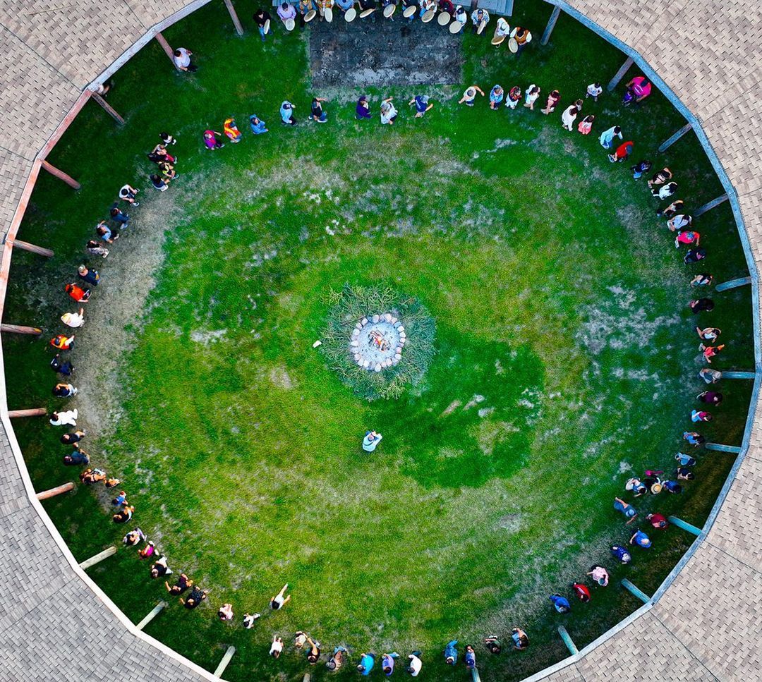 A drum dance hosted by the Łı́ı́dlı̨ı̨ Kų́ę́ First Nation from above