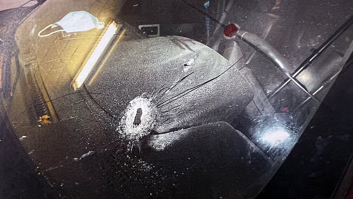 Damage left to the victim’s car by a nine-millimetre bullet fired by Gaige Forrest last December in Hay River.
