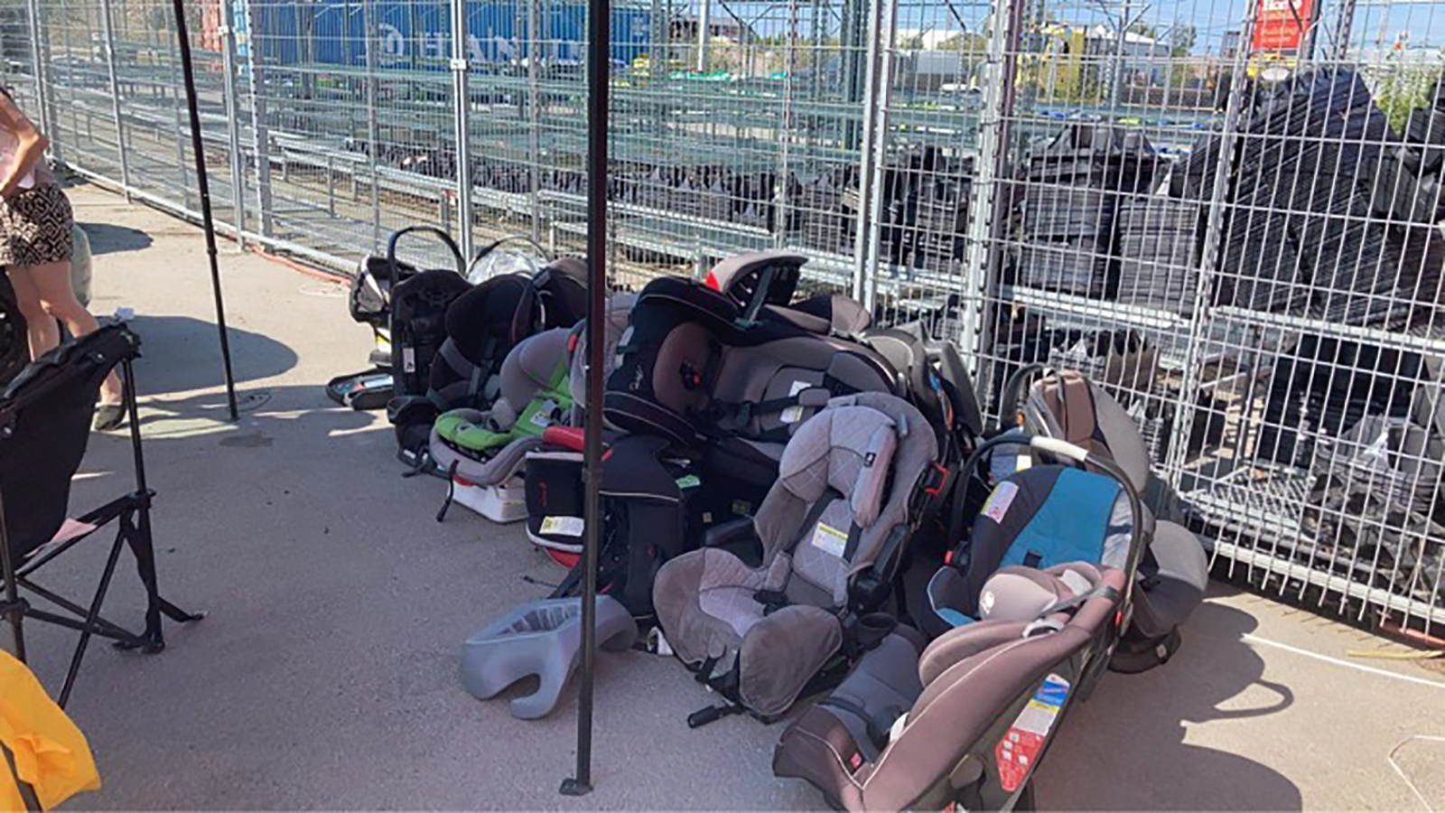 Car seats collected at 2021's Moms, Boobs and Babies car seat drive in the Yellowknife Canadian Tire parking lot